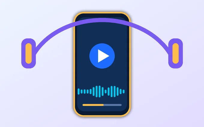 Phone with play button and headphones illustrating a convenient digital listening format